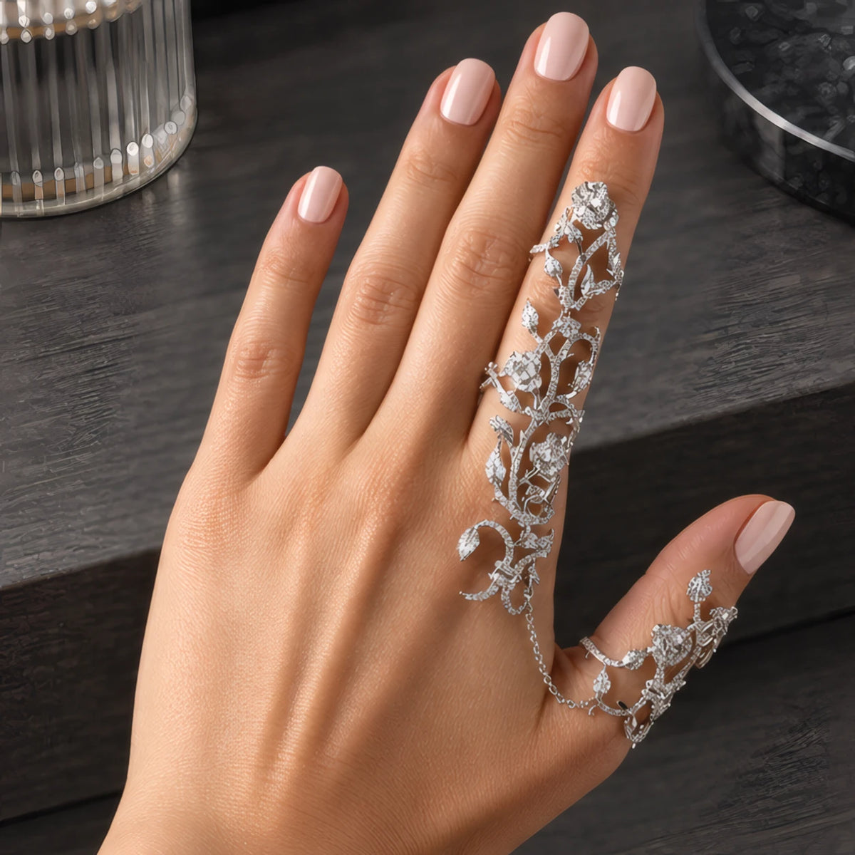 Elisabetta Women's Sculpted Vine Handpiece with Crystal Accents - Silver - Accessories > Jewelry > Hand Chains - Brondals - Image 1