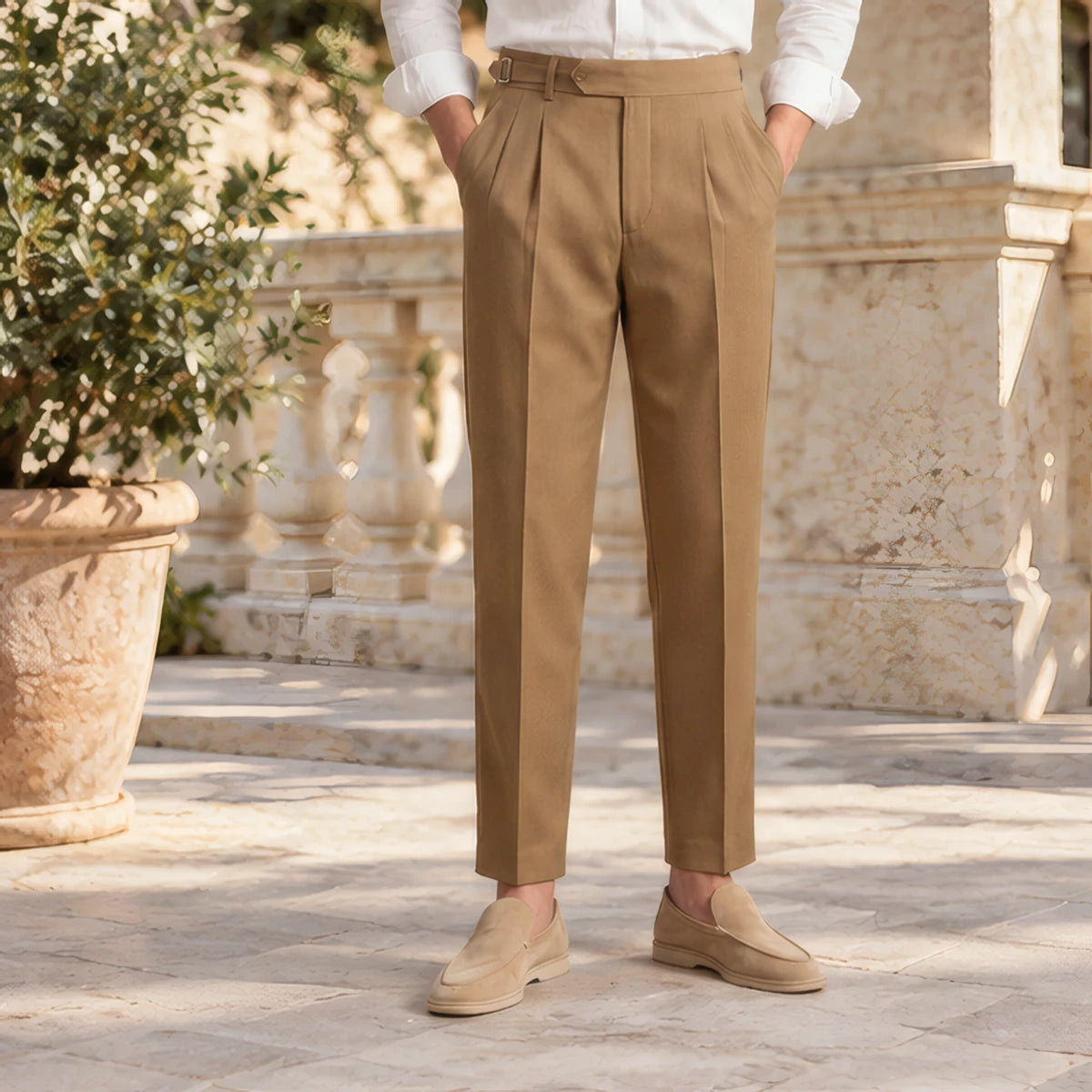 Elliot Men's Single-Pleat Tailored Trousers - Brown - Men's Clothing > Pants > Tailored Trousers - Brondals - Image 1