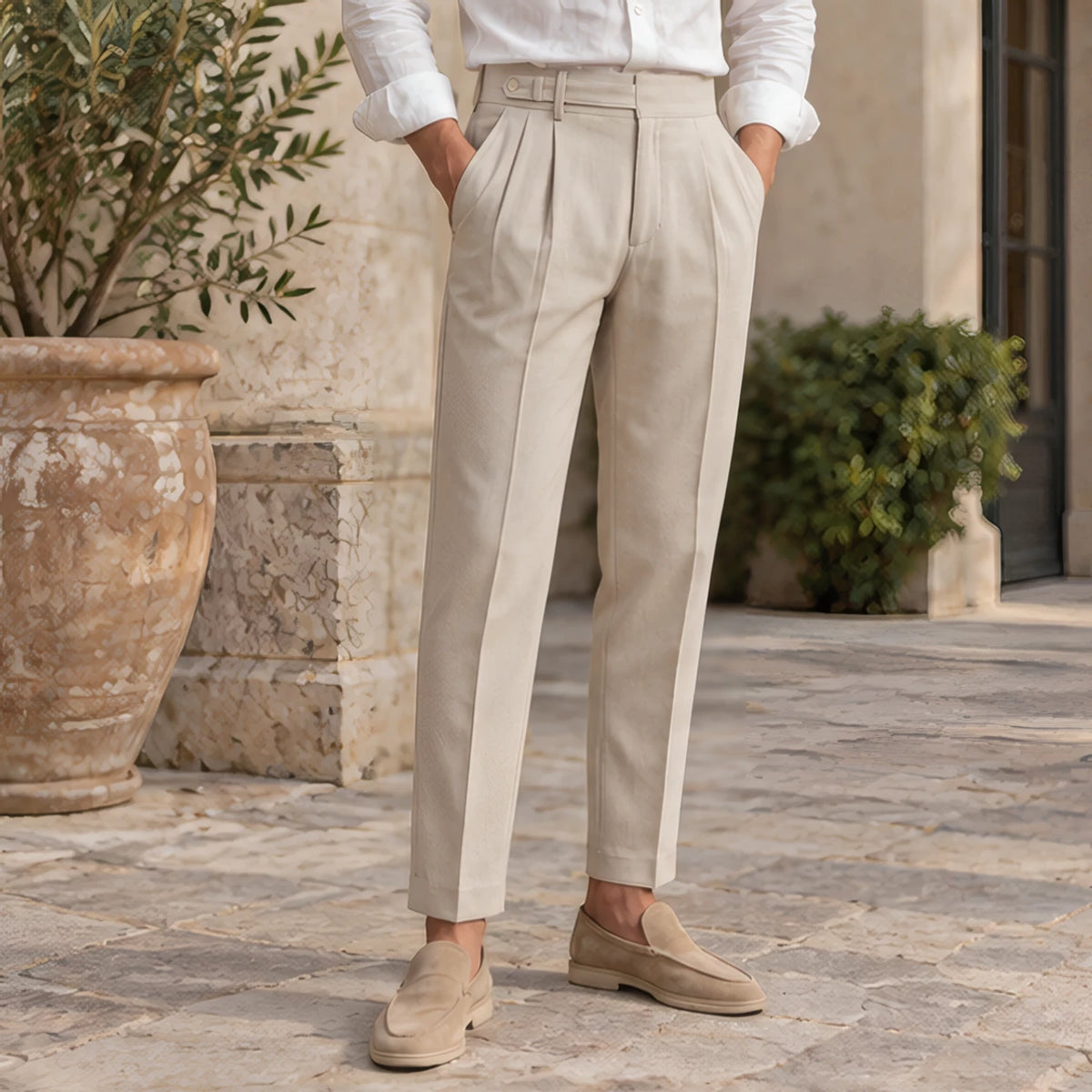 Elliot Men's Single-Pleat Tailored Trousers - Beige - Men's Clothing > Pants > Tailored Trousers - Brondals - Image 1