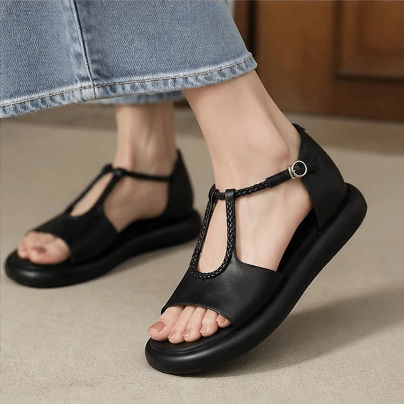 Elva Braided T-Strap Leather Sandals - Black - Sandals - Brondals - Image 3