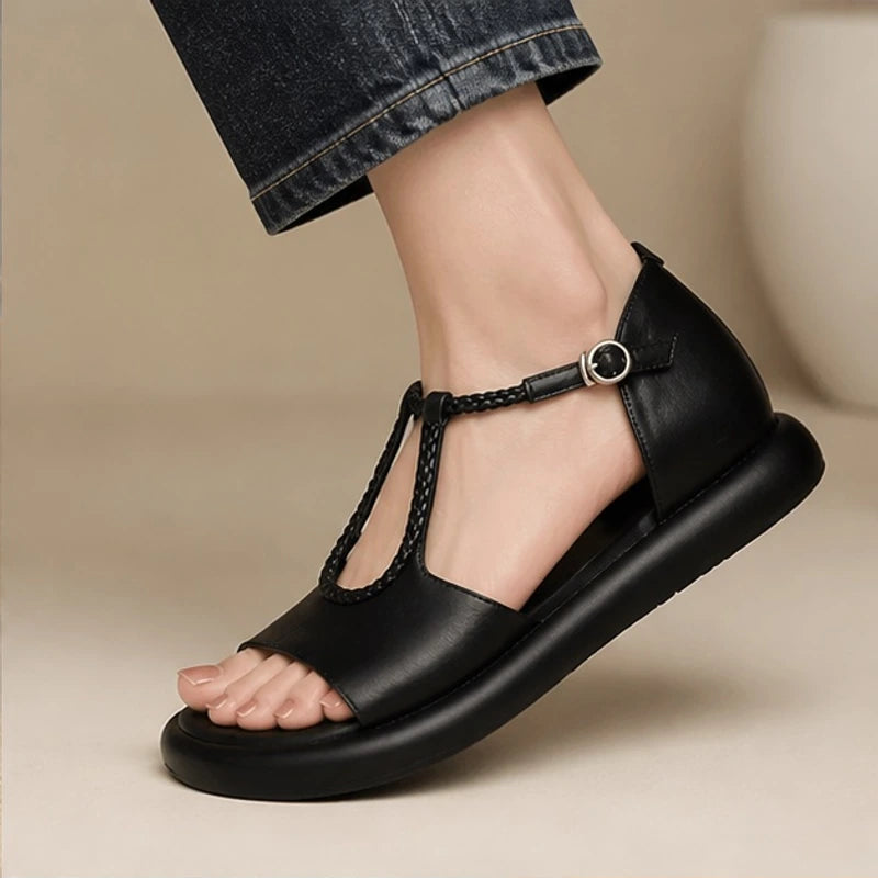 Elva Braided T-Strap Leather Sandals - Black - apparel - Brondals - Image 2