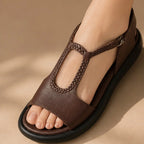 Elva Braided T-Strap Leather Sandals - Brown - Footwear > Sandals > T-Strap Sandals - Brondals - Image 1