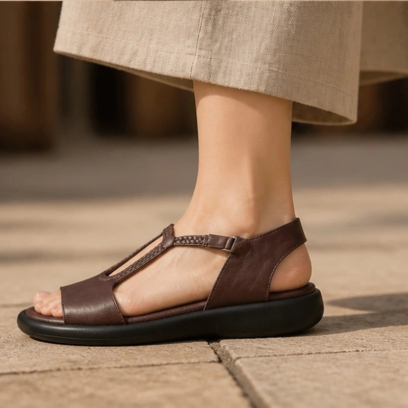 Elva Braided T-Strap Leather Sandals - Brown - Sandals - Brondals - Image 3