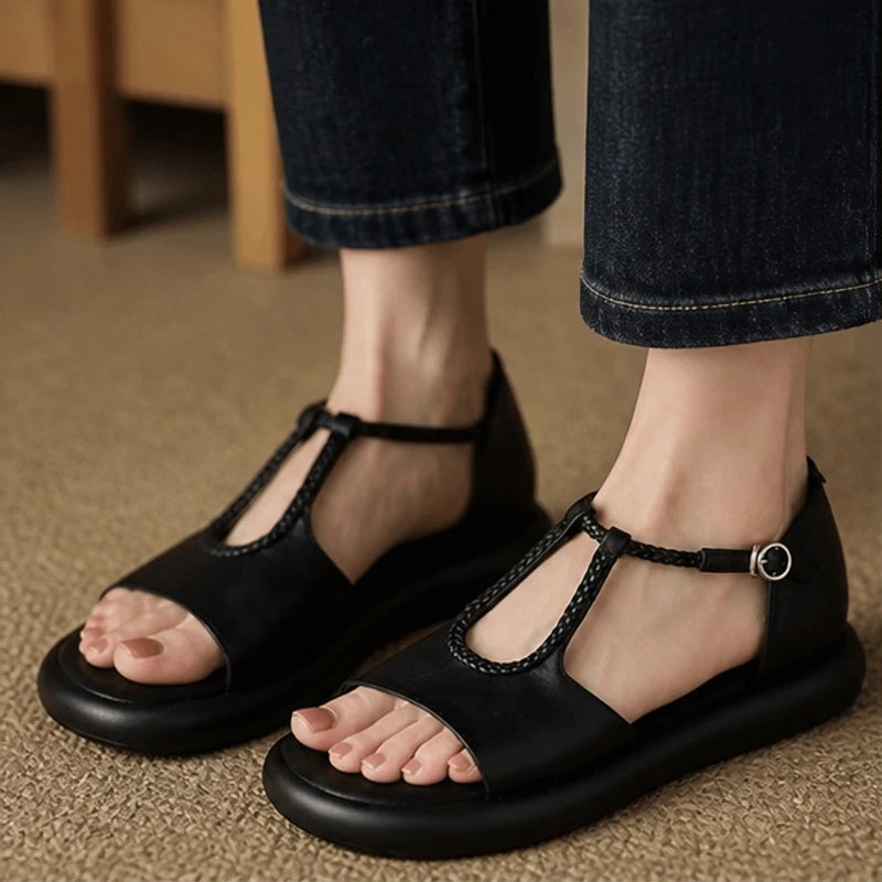 Elva Braided T-Strap Leather Sandals - Black - Footwear > Sandals > T-Strap Sandals - Brondals - Image 1
