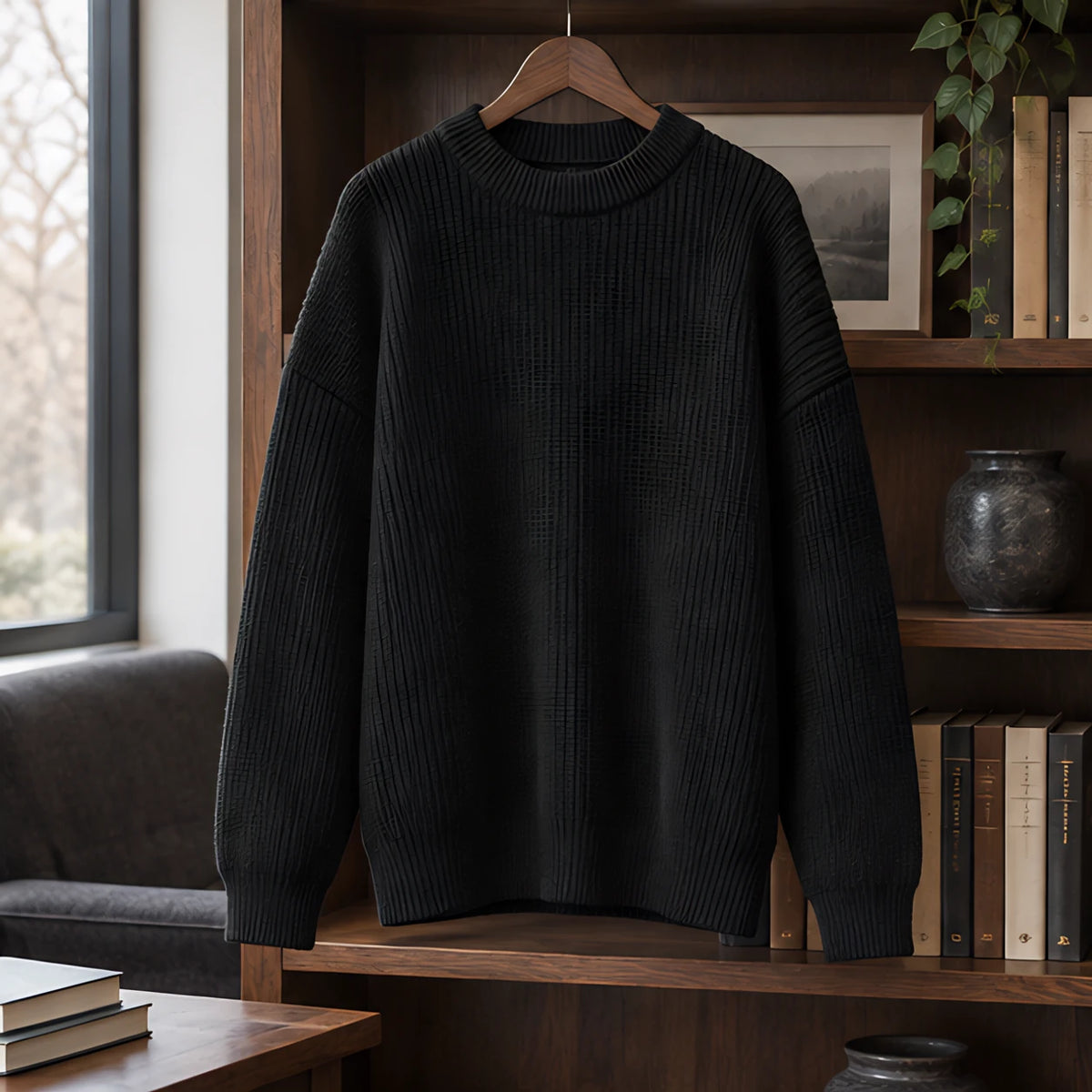 Ezra Men's Rib-Knit Crewneck Sweater - Black - Clothing > Tops > Crewneck Sweaters - Brondals - Image 2