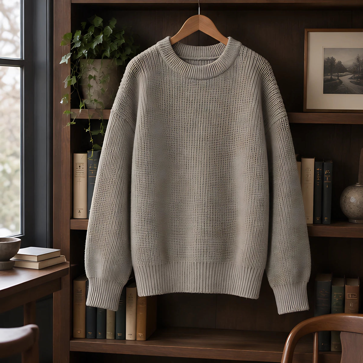 Ezra Men's Rib-Knit Crewneck Sweater - Gray - Clothing > Tops > Crewneck Sweaters - Brondals - Image 2