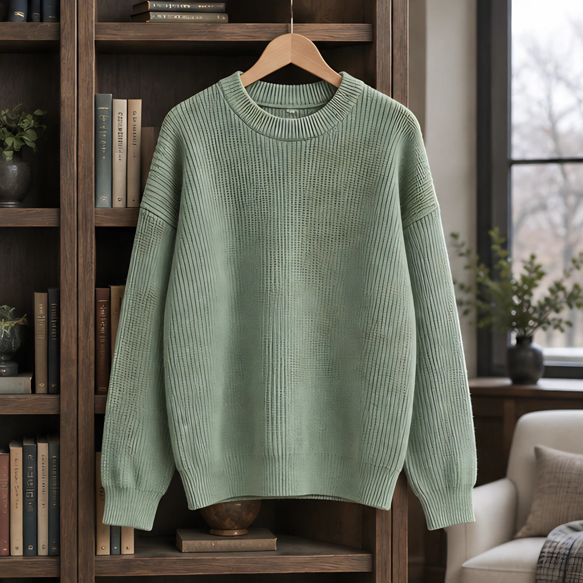 Ezra Men's Rib-Knit Crewneck Sweater - Green - Clothing > Tops > Crewneck Sweaters - Brondals - Image 2