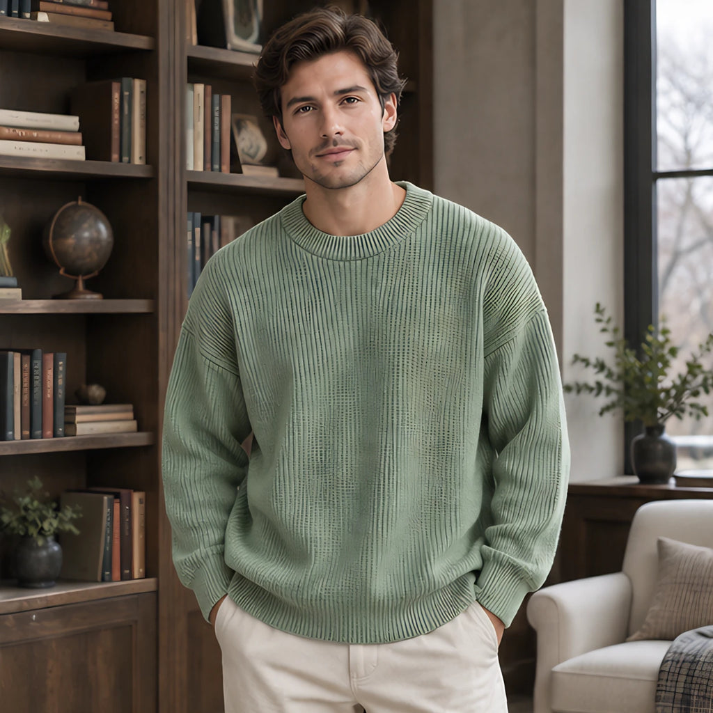 Ezra Men's Rib-Knit Crewneck Sweater - Green - Clothing > Tops > Crewneck Sweaters - Brondals - Image 1