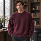 Ezra Men's Rib-Knit Crewneck Sweater - Burgundy - Clothing > Tops > Crewneck Sweaters - Brondals - Image 1