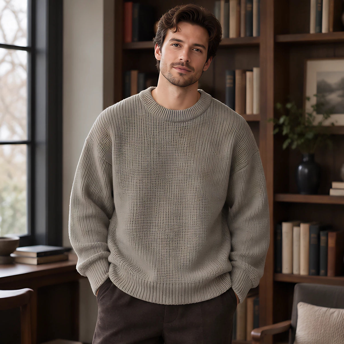 Ezra Men's Rib-Knit Crewneck Sweater - Gray - Clothing > Tops > Crewneck Sweaters - Brondals - Image 1