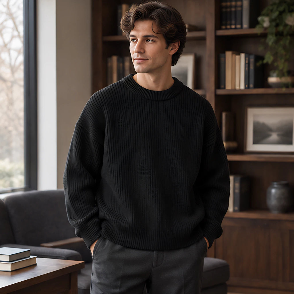 Ezra Men's Rib-Knit Crewneck Sweater - Black - Clothing > Tops > Crewneck Sweaters - Brondals - Image 1