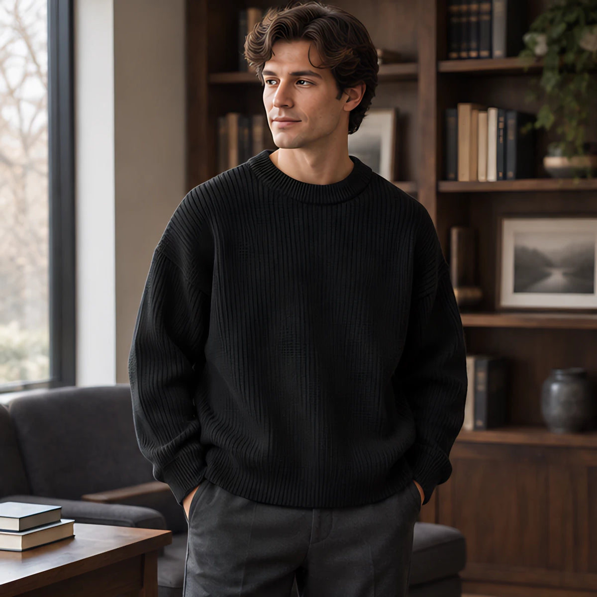 Ezra Men's Rib-Knit Crewneck Sweater - Black - Clothing > Tops > Crewneck Sweaters - Brondals - Image 1