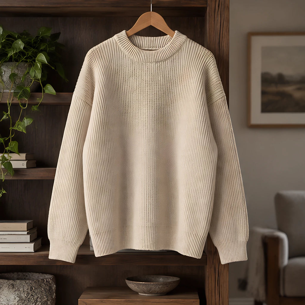 Ezra Men's Rib-Knit Crewneck Sweater - Beige - Clothing > Tops > Crewneck Sweaters - Brondals - Image 2