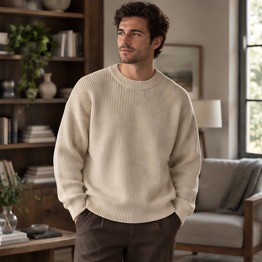 Ezra Men's Rib-Knit Crewneck Sweater - Beige - Clothing > Tops > Crewneck Sweaters - Brondals - Image 1