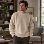 Ezra Men's Rib-Knit Crewneck Sweater - Beige - Clothing > Tops > Crewneck Sweaters - Brondals - Image 1