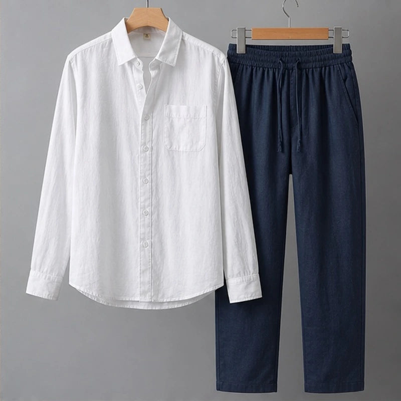 Falkner Relaxed Shirt and Trouser Set - White / Blue - Outfit Set - Brondals - Image 1