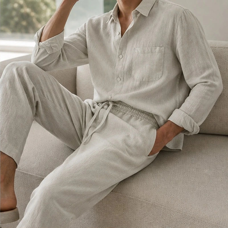 Falkner Relaxed Shirt and Trouser Set - Beige / Beige - linen set - Brondals - Image 2