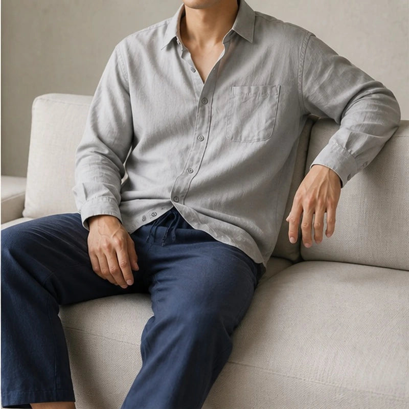Falkner Relaxed Shirt and Trouser Set - Grey / Blue - linen set - Brondals - Image 2