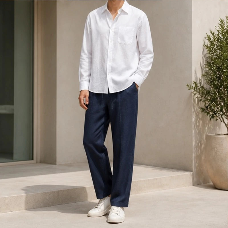 Falkner Relaxed Shirt and Trouser Set - White / Blue - linen set - Brondals - Image 2