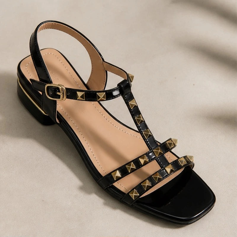 Fiorella Studded T-Strap Sandal - Black - Sandals - Brondals - Image 1