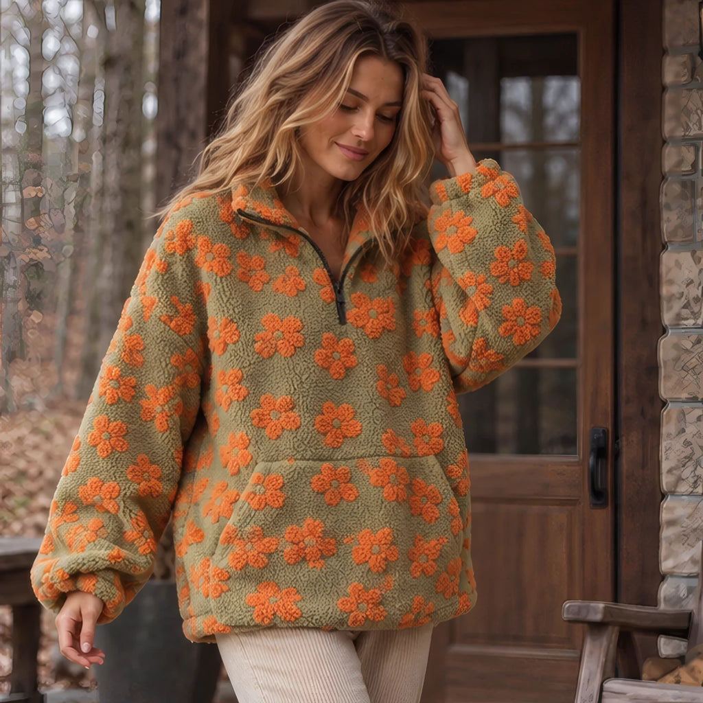 Florentina Women's Floral Sherpa Pullover - Orange - Clothing > Tops > Fleece Pullovers - Brondals - Image 2