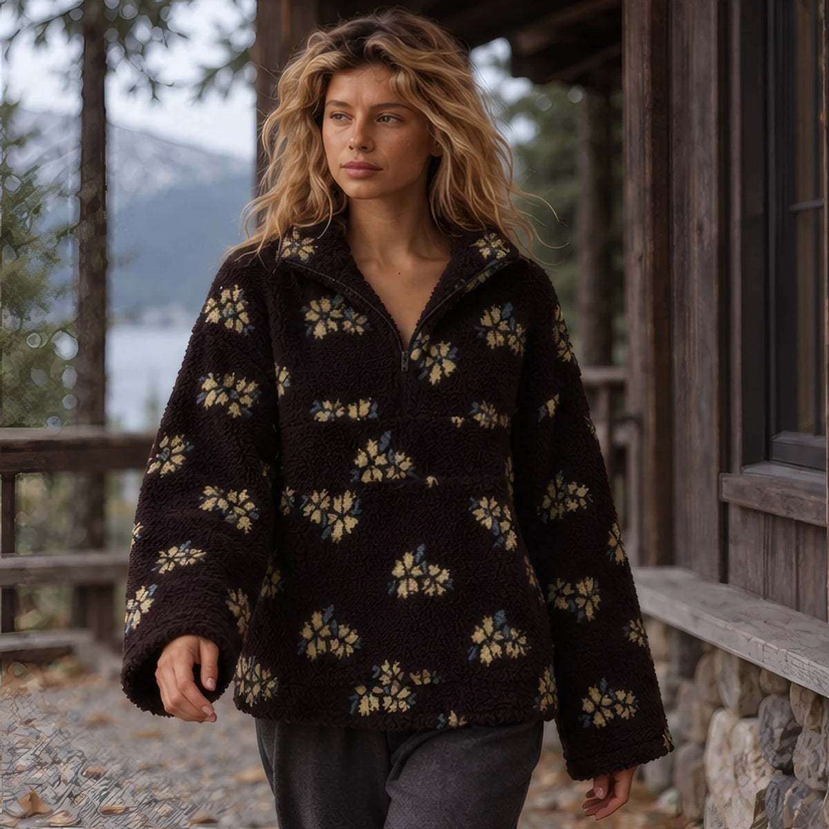 Florentina Women's Floral Sherpa Pullover - Black - Clothing > Tops > Fleece Pullovers - Brondals - Image 2