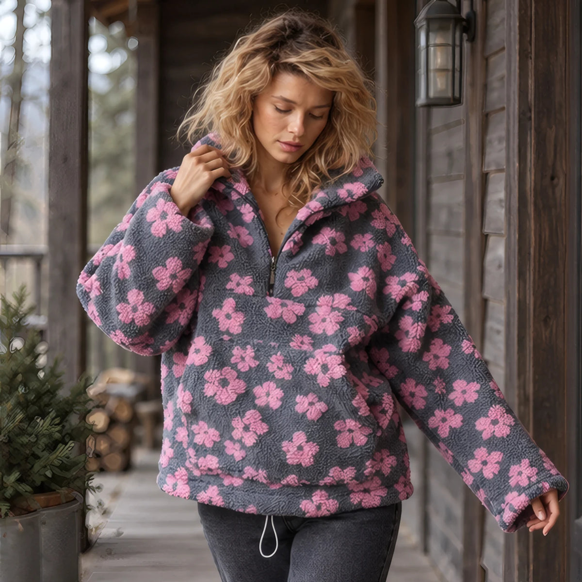 Florentina Women's Floral Sherpa Pullover - Pink - Clothing > Tops > Fleece Pullovers - Brondals - Image 2