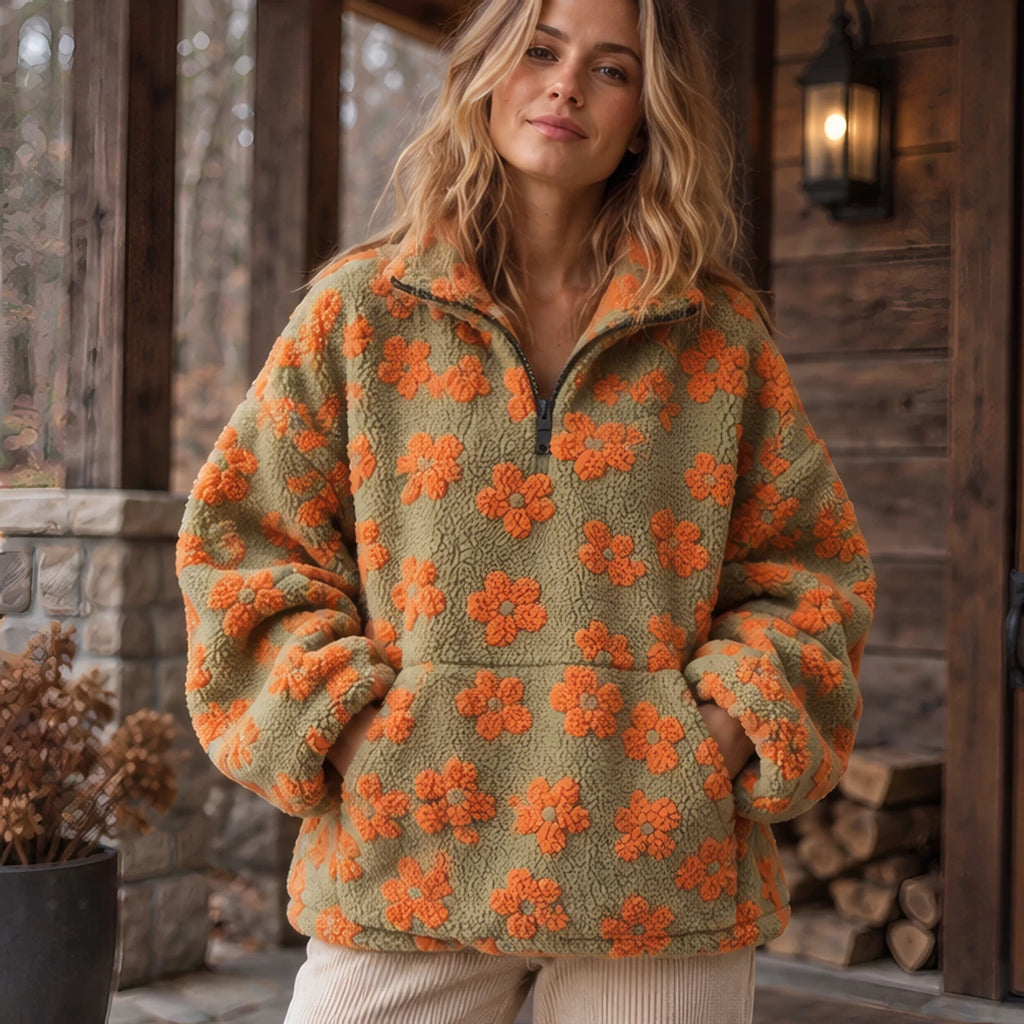 Florentina Women's Floral Sherpa Pullover - Orange - Clothing > Tops > Fleece Pullovers - Brondals - Image 1