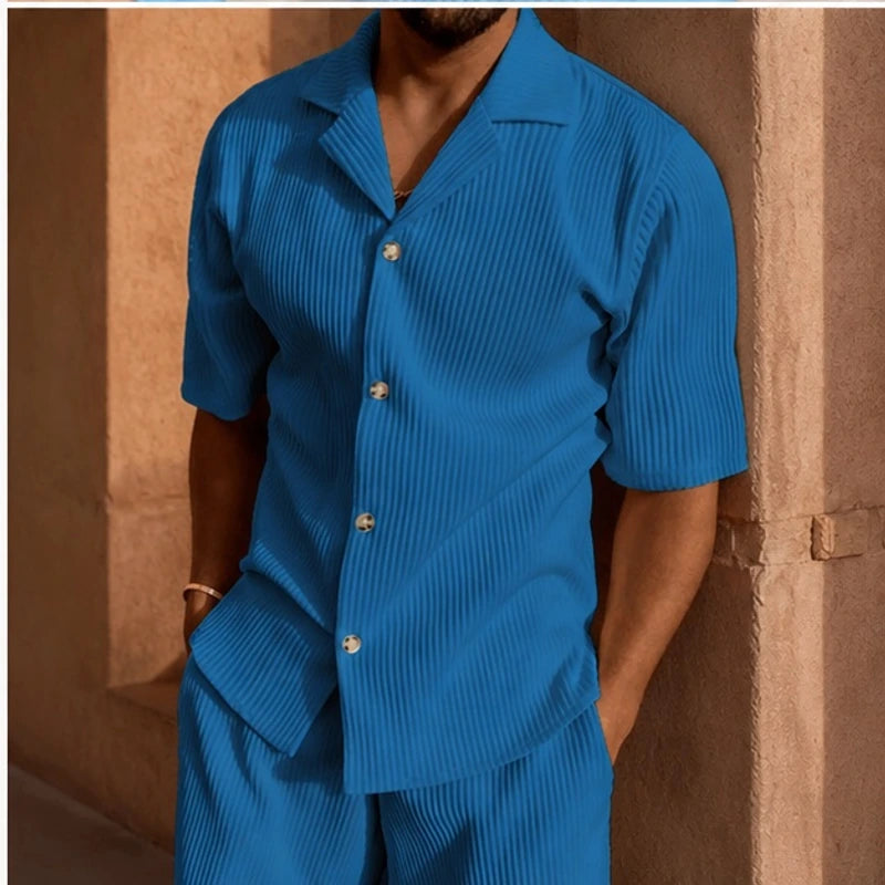 Gable Textured Short Sleeve Resort Set - Blue - outfit set - Brondals - Image 3