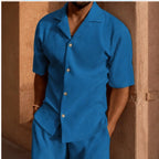 Gable Textured Short Sleeve Resort Set - Blue - outfit set - Brondals - Image 3