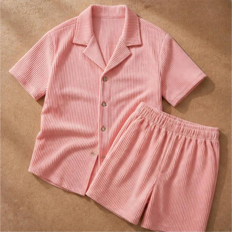 Gable Textured Short Sleeve Resort Set - Pink - Outfit Set - Brondals - Image 1