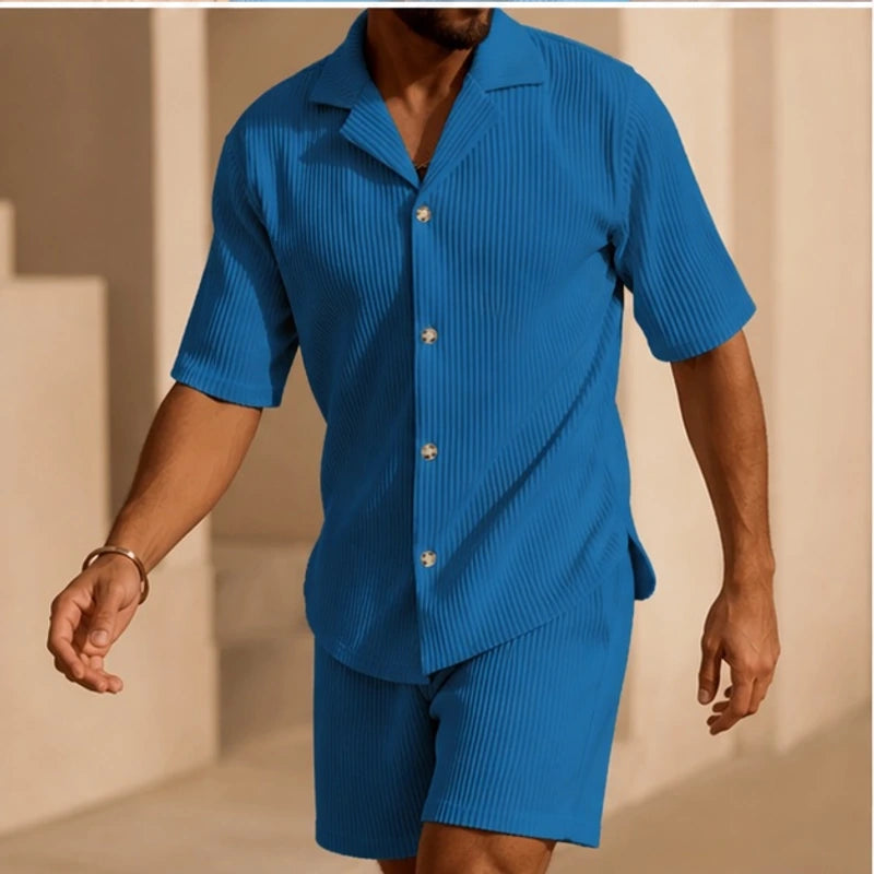 Gable Textured Short Sleeve Resort Set - Blue - men's resort set - Brondals - Image 2