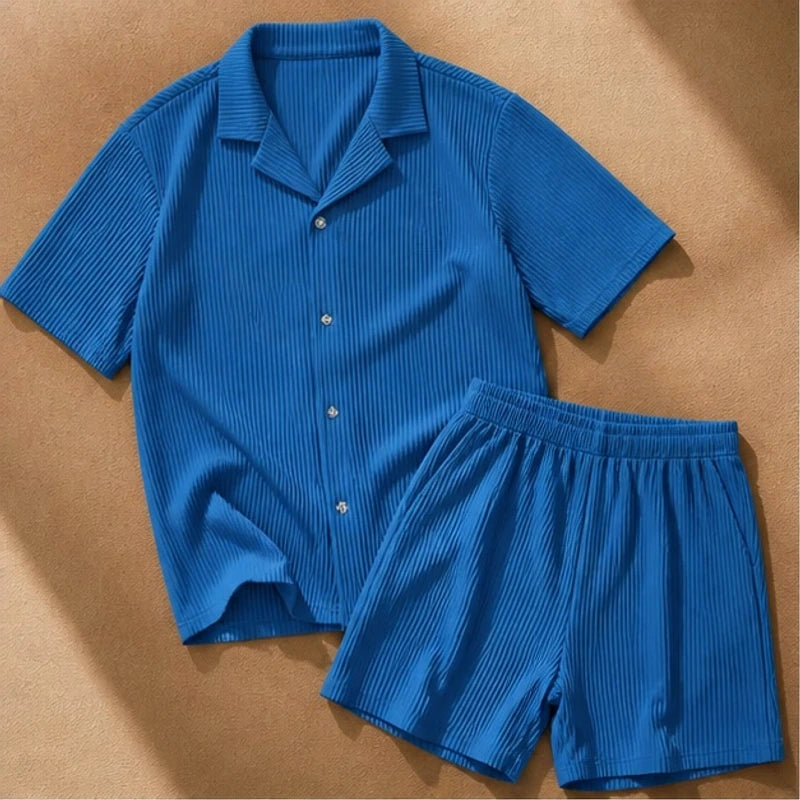 Gable Textured Short Sleeve Resort Set - Blue - Outfit Set - Brondals - Image 1