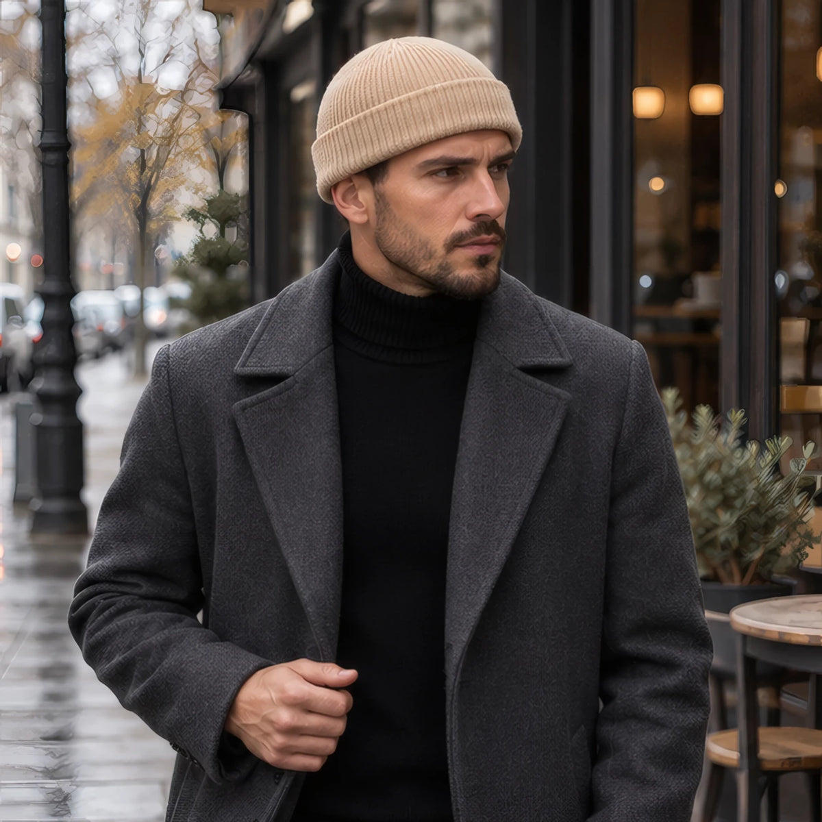 Gareth Stretch Knit Ribbed Beanie - Beige - Accessory - Brondals - Image 2