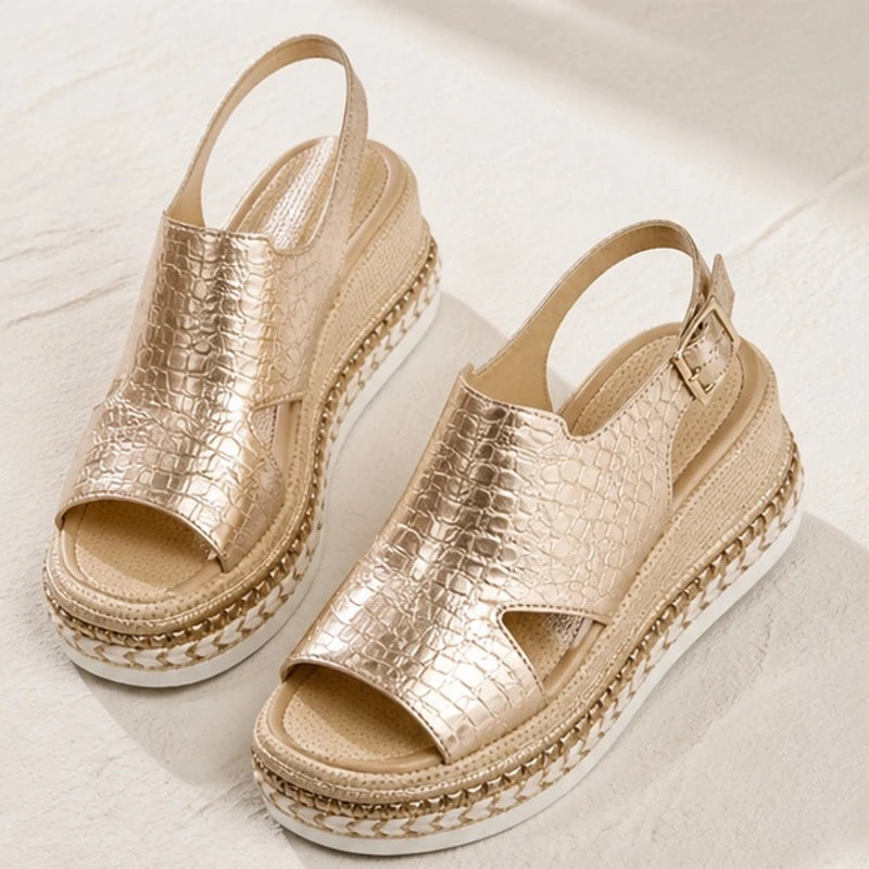 Gilda Metallic Cushioned Wedge Sandals - Gold - Women's Footwear > Sandals > Wedge Sandals - Brondals - Image 1