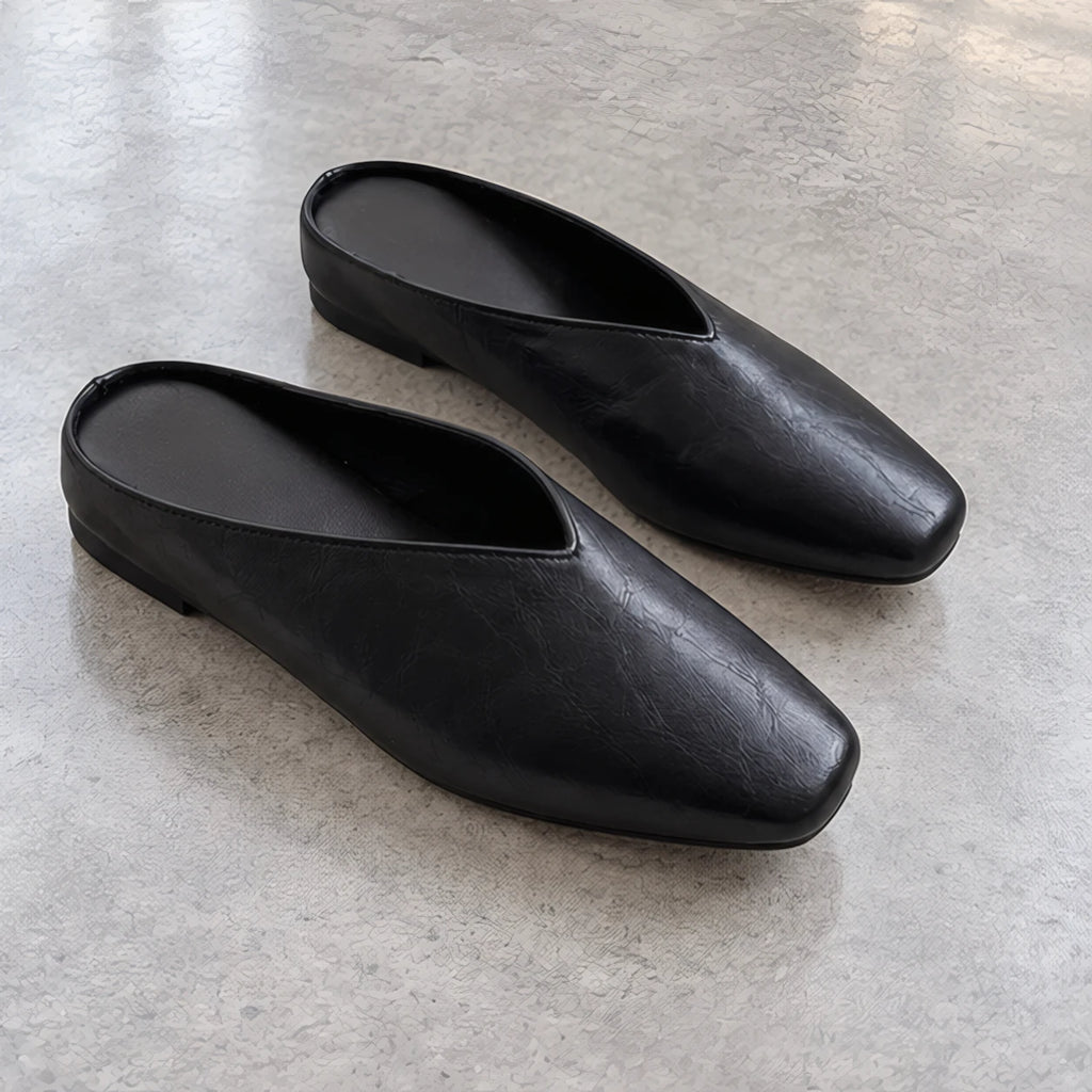 Giulia Women's Metallic Square-Toe Leather Flat Mules - Black - wapfoot - Brondals - Image 3