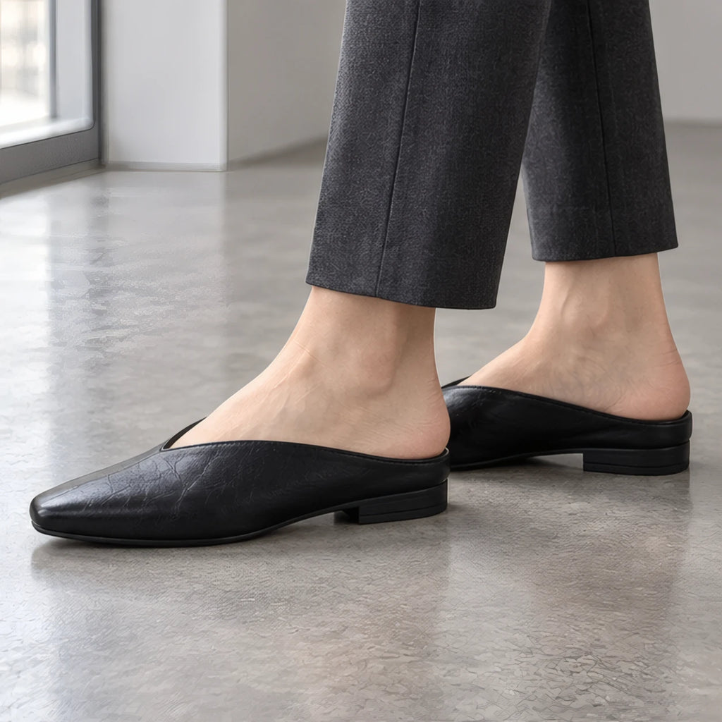 Giulia Women's Metallic Square-Toe Leather Flat Mules - Black - Women's Footwear > Flats > Mules - Brondals - Image 1