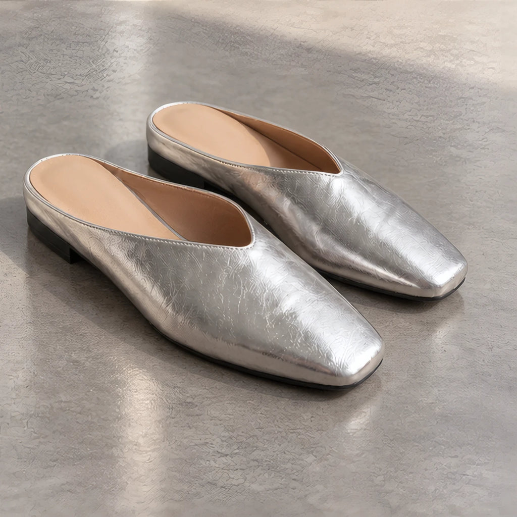 Giulia Women's Metallic Square-Toe Leather Flat Mules - Silver - wapfoot - Brondals - Image 3