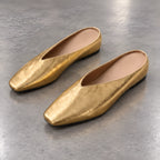 Giulia Women's Metallic Square-Toe Leather Flat Mules - Gold - wapfoot - Brondals - Image 3