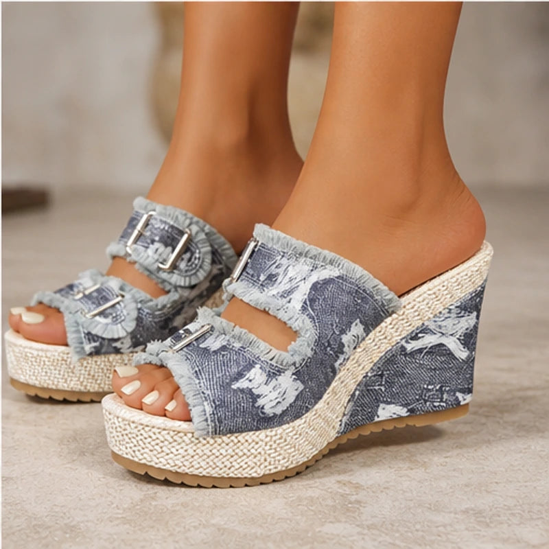 Grazia Denim Wedge Slide Sandals - Gray - wedge sandals - Brondals - Image 3