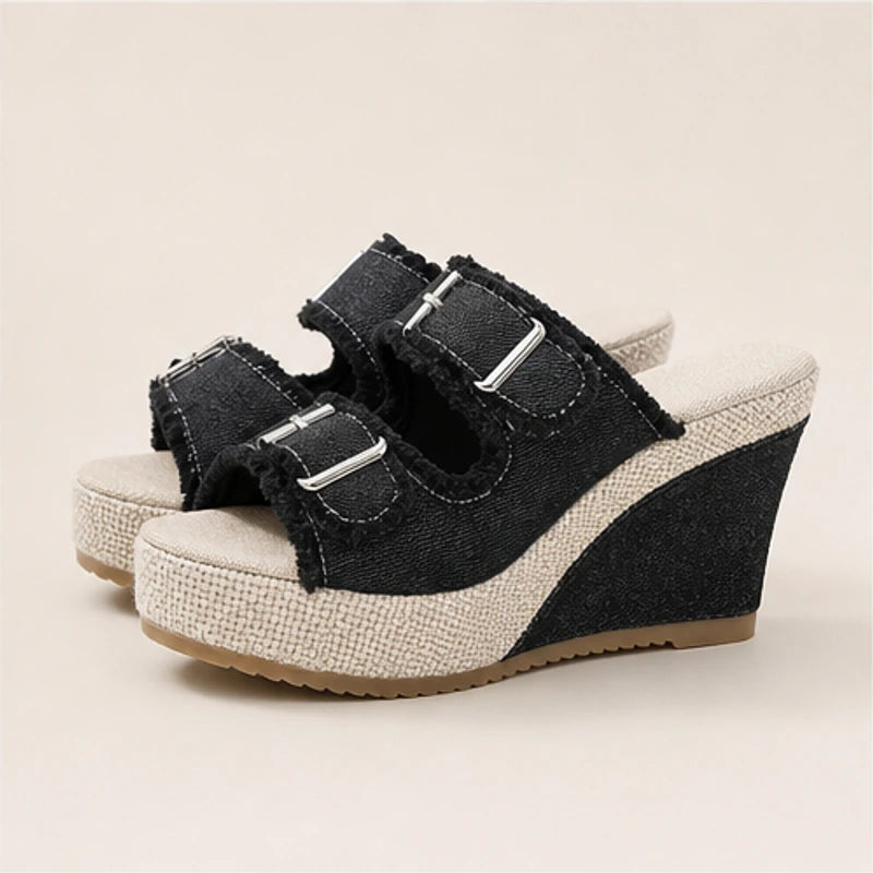 Grazia Denim Wedge Slide Sandals - Black - women's sandals - Brondals - Image 2
