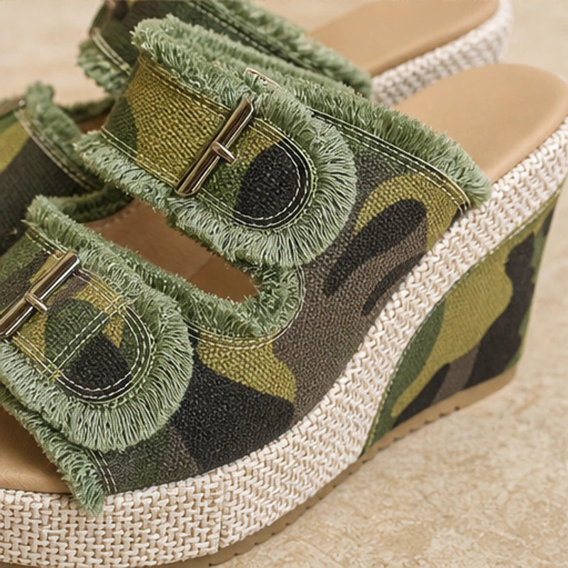 Grazia Denim Wedge Slide Sandals - Green Camo - denim sandals - Brondals - Image 4