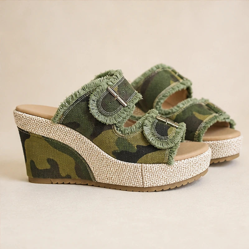 Grazia Denim Wedge Slide Sandals - Green Camo - wedge sandals - Brondals - Image 3