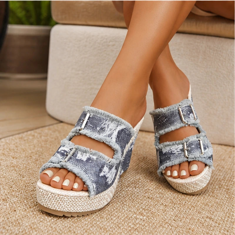 Grazia Denim Wedge Slide Sandals - Gray - women's sandals - Brondals - Image 2