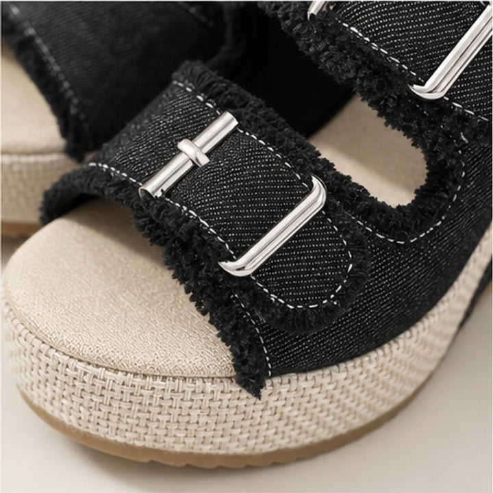 Grazia Denim Wedge Slide Sandals - Black - wedge sandals - Brondals - Image 3