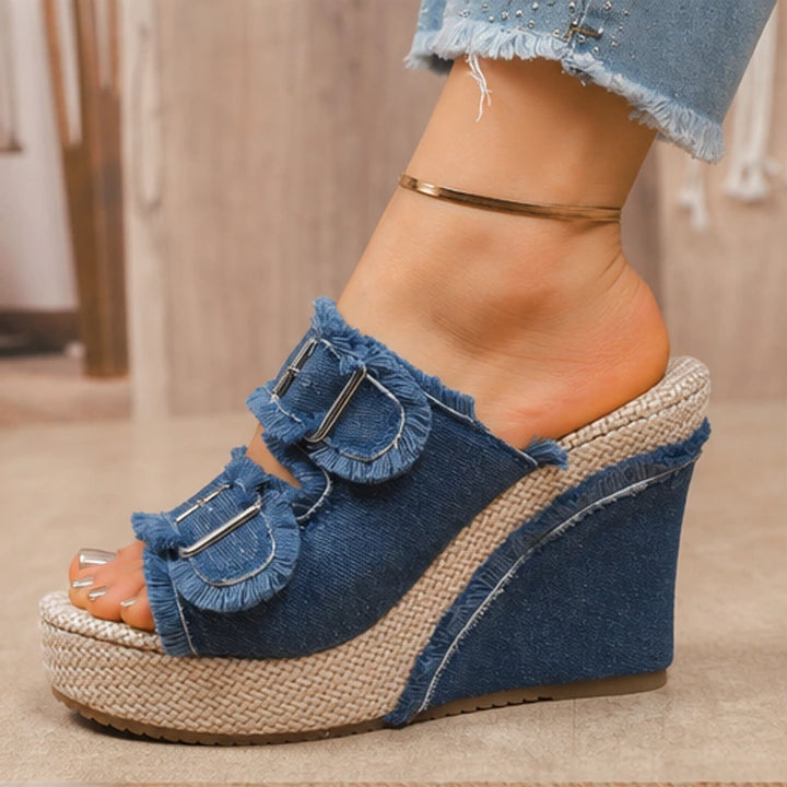 Grazia Denim Wedge Slide Sandals - Blue - Sandals - Brondals - Image 1