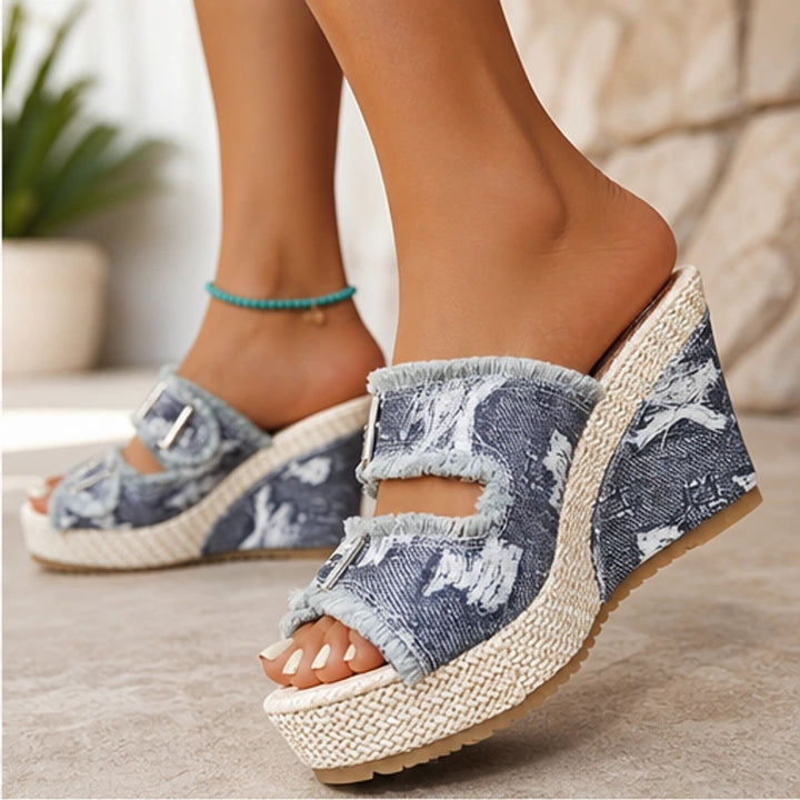 Grazia Denim Wedge Slide Sandals - Gray - Sandals - Brondals - Image 1