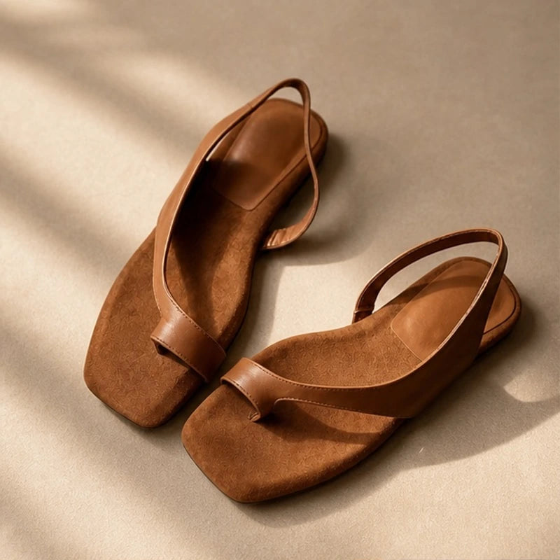 Greta Genuine Leather Flat Sandal - Brown - Sandals - Brondals - Image 1
