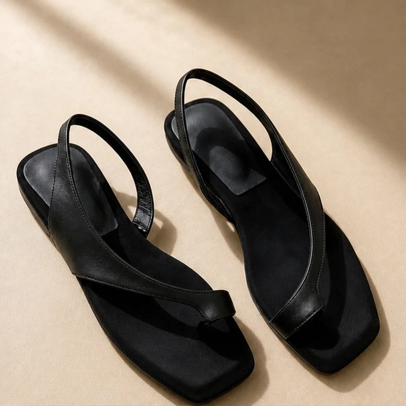 Greta Genuine Leather Flat Sandal - Black - Sandals - Brondals - Image 1