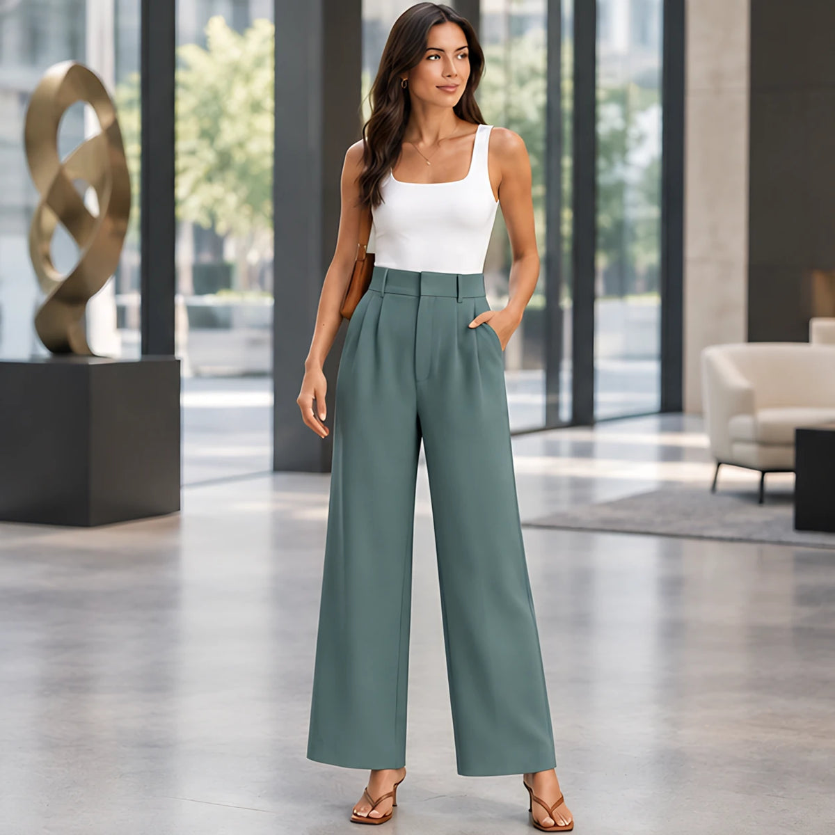 Hortense Women's High-Rise Tailored Wide-Leg Trousers - Green - Women's Clothing > Pants > Wide Leg Pants - Brondals - Image 1